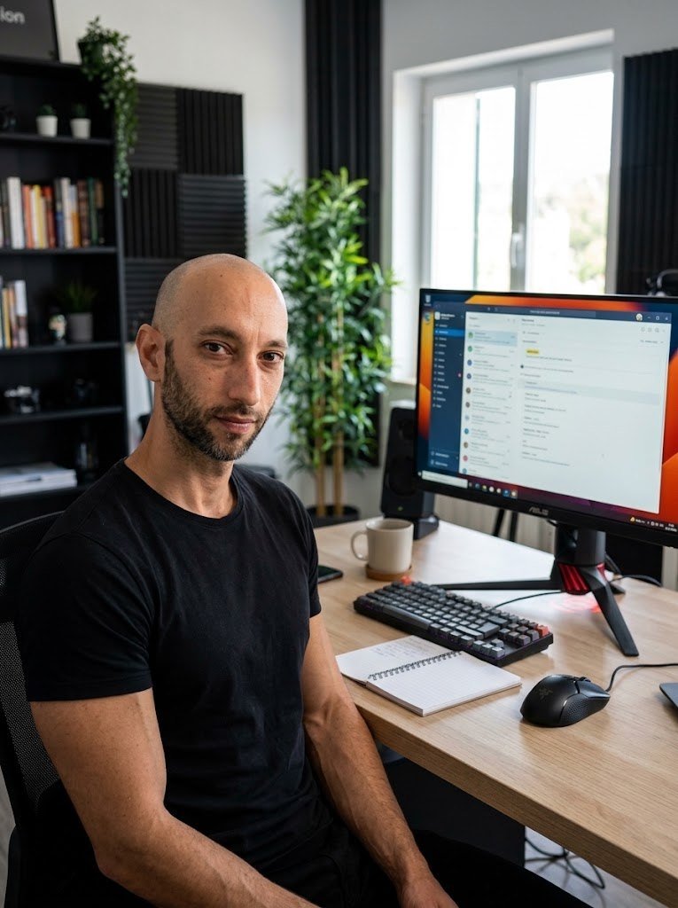 Charlie Fernández en su escritorio, con su monitor ASUS TUF